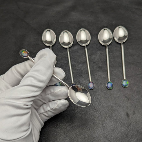 Vintage Sterling Silver Teaspoon Set of 6 Opal Decorated Case
